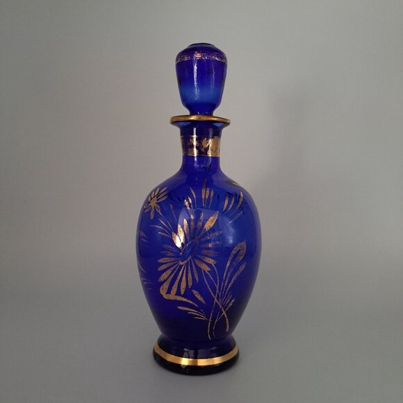 Vintage Cobalt Blue & Gold Glass Decanter With Floral Design - Picture 9 of 16